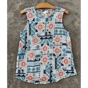 J. Jill Love Linen Blue Blouse Medallion Print Sleeveless Shirt Tank Top Sz S